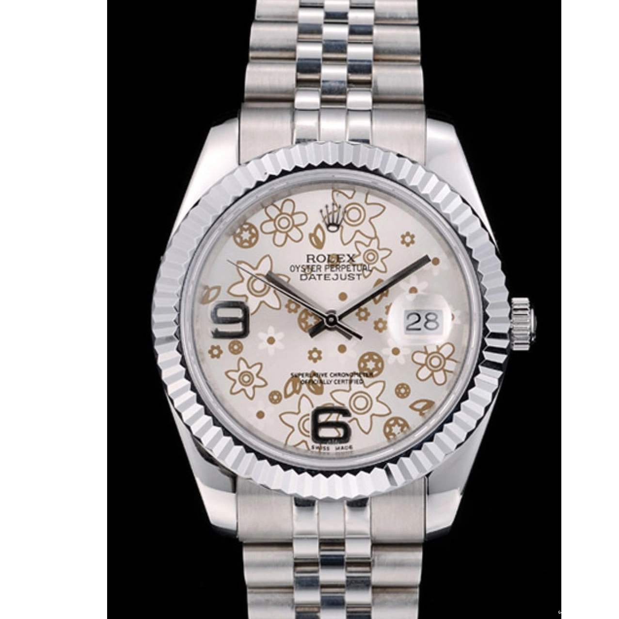 Rolex aaa copy Bezel DateJust Rolex 42001 Dial Ribbed Steel Swiss Silver Flower Stainless 0706